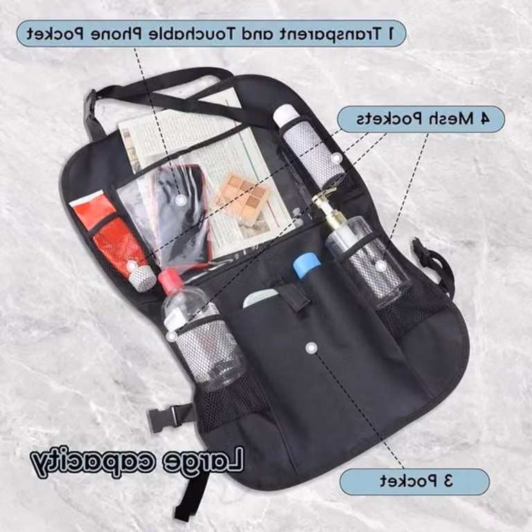 Organizzatore multifunzionale per auto, con supporto per tablet touchscreen, ottimizzatore di spazio per il sedile posteriore e accessori versatili per auto, dotato di numerosi scomparti