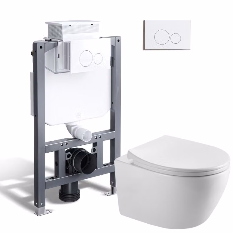HOROW Set completo per WC, cassetta da incasso con elemento a parete da 82 cm + WC sospeso + placca di spinta rotonda bianca
