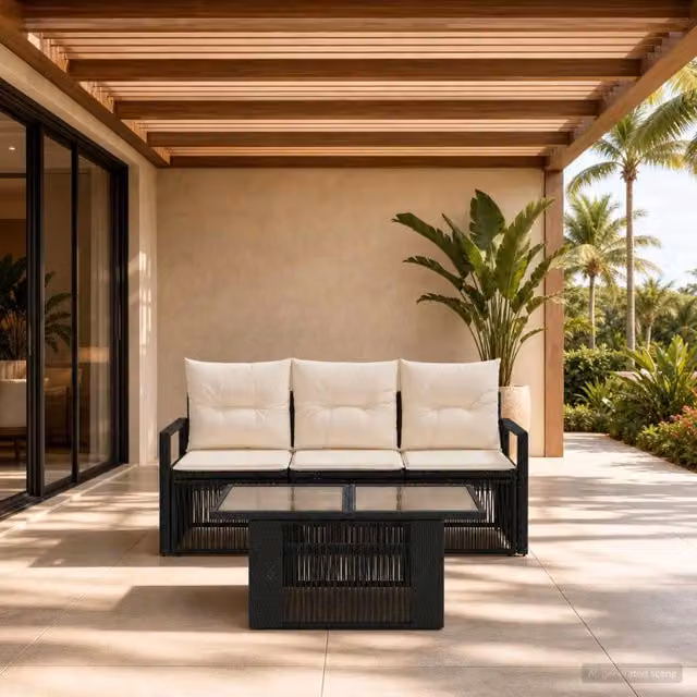 Set Divano da Giardino 4 pz Nero e Bianco Crema polyrattan 3437044