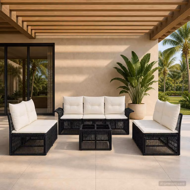 Set Divano da Giardino vidaXL 8 Pezzi Moderno in Polyrattan Nero con Cuscini e Tavolino da Esterno