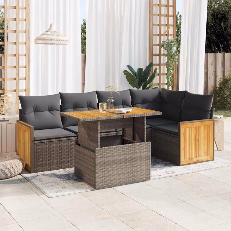Set Divano da Giardino a L vidaXL in Polyrattan e Legno di Acacia con Cuscini Grigio