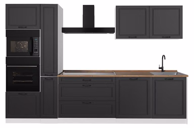 Cucina componibile Vicco R-Line Antracite country/Bianco 310 cm piano di lavoro Rovere dorato, Model 67959