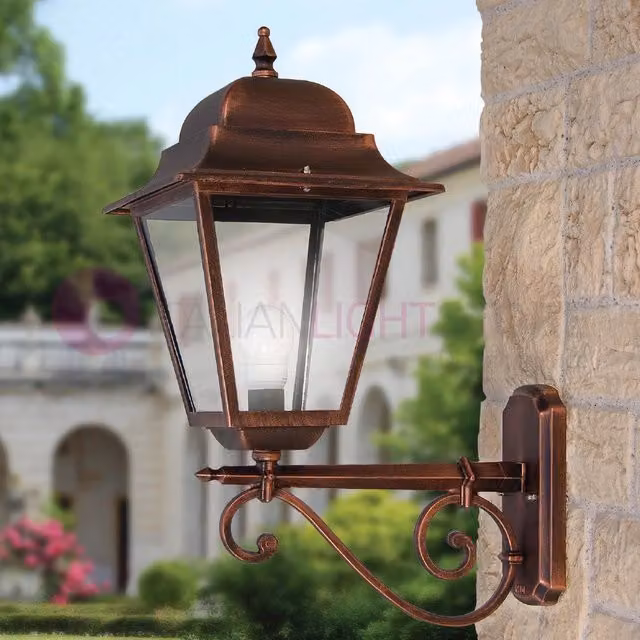 ATHENA GRANDE Lanterna a Parete Classica per Esterno Giardino Iris Luce - Linea Garden, Colore Nero-Rame con Diffusore Trasparente