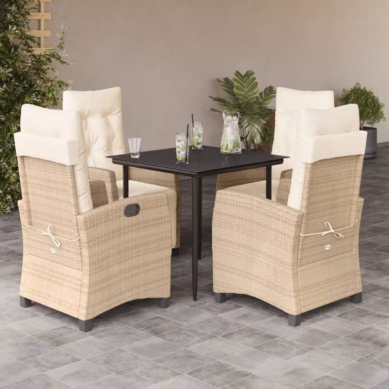 Set da Pranzo da Giardino vidaXL in Polyrattan con Cuscini Beige e Tavolo in Vetro per 5 Persone