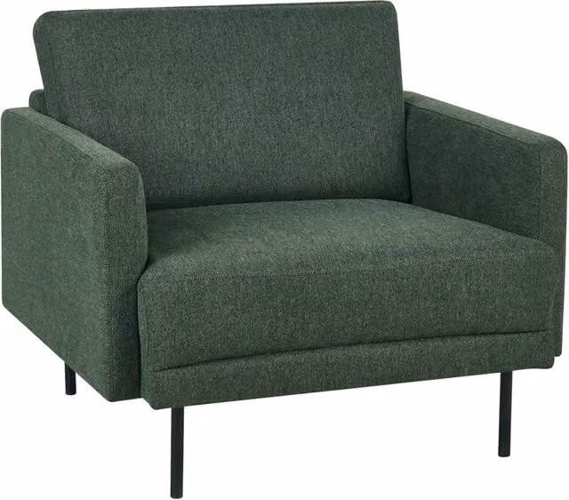 Poltrona moderna imbottita in tessuto verde scuro con gambe in metallo stile moderno e minimalista