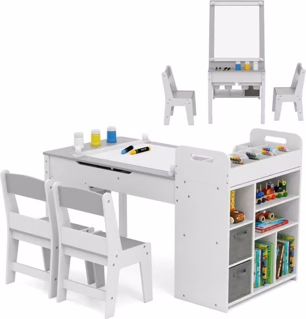 Set tavolo e sedie per bambini con rotolo di carta e organizzatore portatile e cavalletto, Per attivit¨¤ e studio e gioco attivo Grigio-Tavoli e sedie