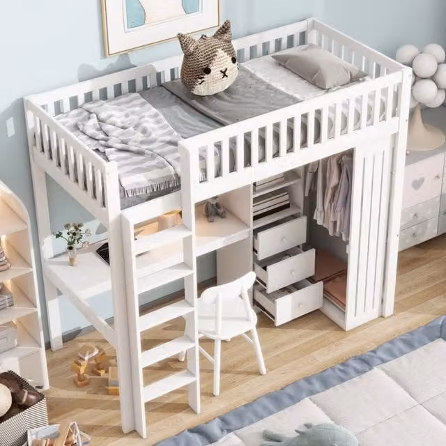 Letto a soppalco 90 × 200 cm con scrivania, armadio, 3 cassetti, vani aperti e scala, senza materasso, bianco