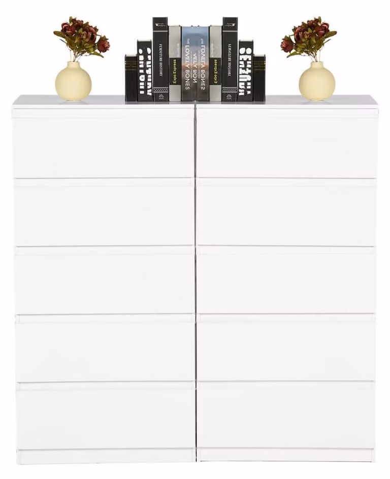 2 comodini bianchi, 5 cassetti, in MDF, design moderno, adatti per camera da letto, soggiorno o ingresso