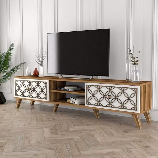 Mobile porta TV Teia DMORA, Credenza moderna per soggiorno in legno e plastica, L: 180 cm, P: 35 cm, H: 44 cm, Bianco – 1