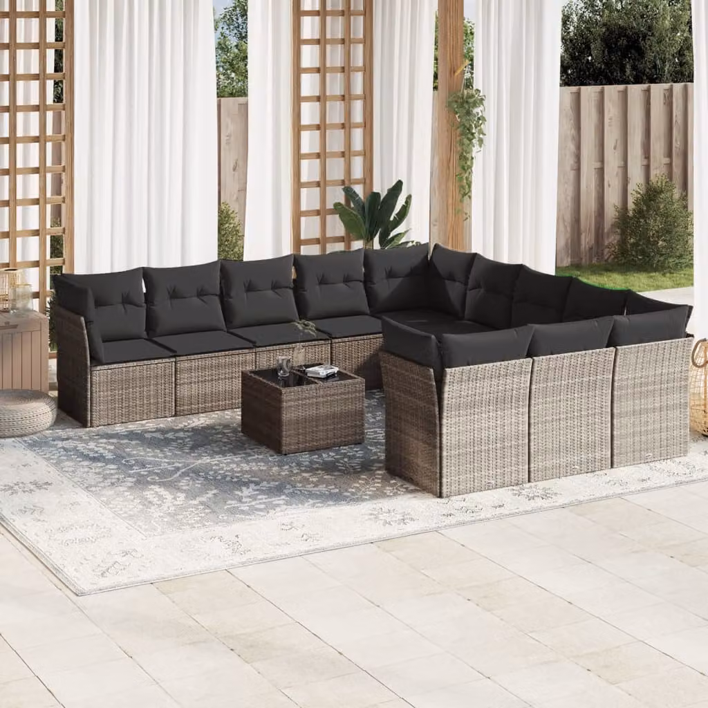 vidaXL Set Divano da Giardino a Forma di U in Polyrattan Grigio con Cuscini e Tavolino da Esterno – 1