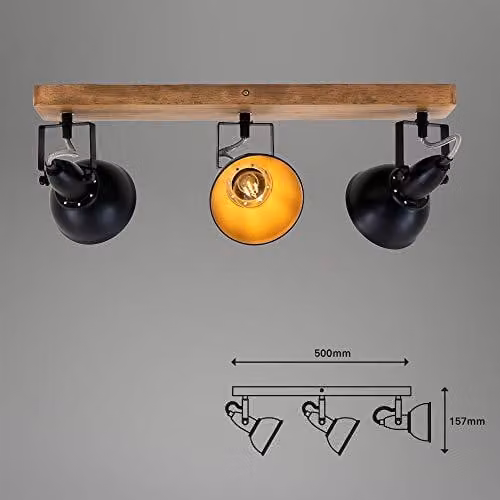 - Lampada da soffitto vintage, orientabile, con base in legno, attacco E14, massimo 25 Watt, ideale per soggiorno, camera da letto o cucina, tipo plafoniera, dimensioni 50x11x15,7 cm, colore nero e oro