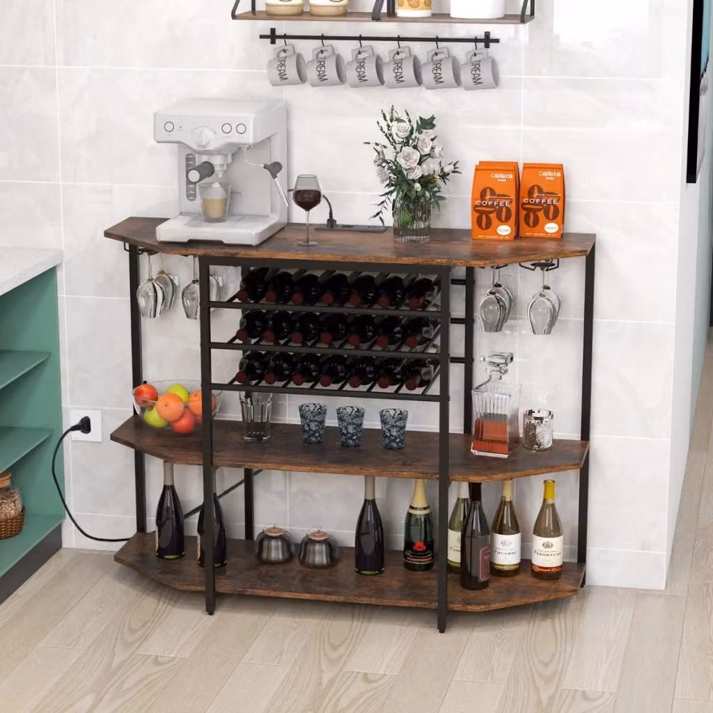 Mobiletto portabottiglie da vino a 3 livelli in stile industrial, colore marrone, L: 120 cm, P: 40 cm, H: 21 cm – 2