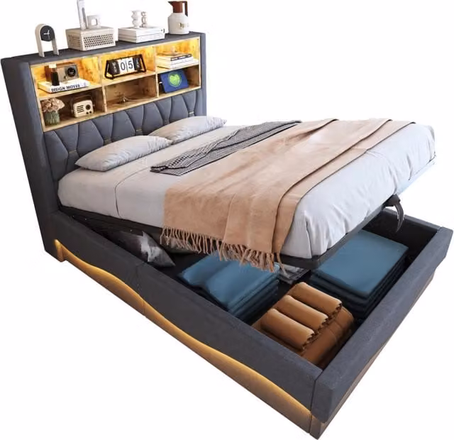 Letto matrimoniale imbottito 140x200 cm con contenitore; LED e USB; grigio