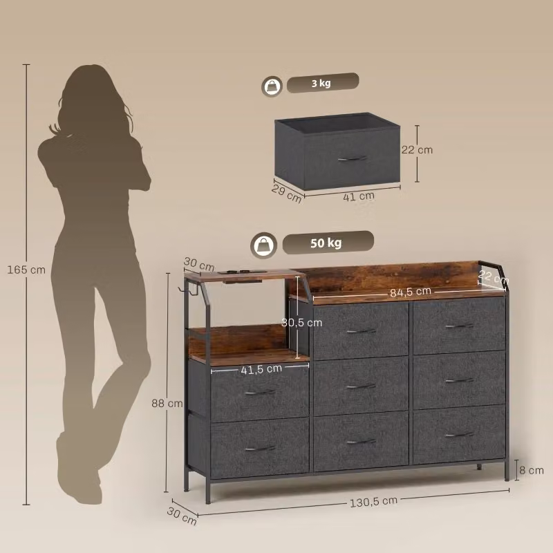 Comò WISHDOR con 8 cassetti in tessuto e struttura in acciaio, stile industrial, marrone e nero – 2