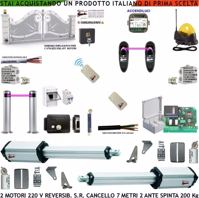 Kit Automatismo per Cancello Securvera a 2 Ante da 7 Metri con Motori Elettromeccanici Reversibili 230 V, Colore Grigio