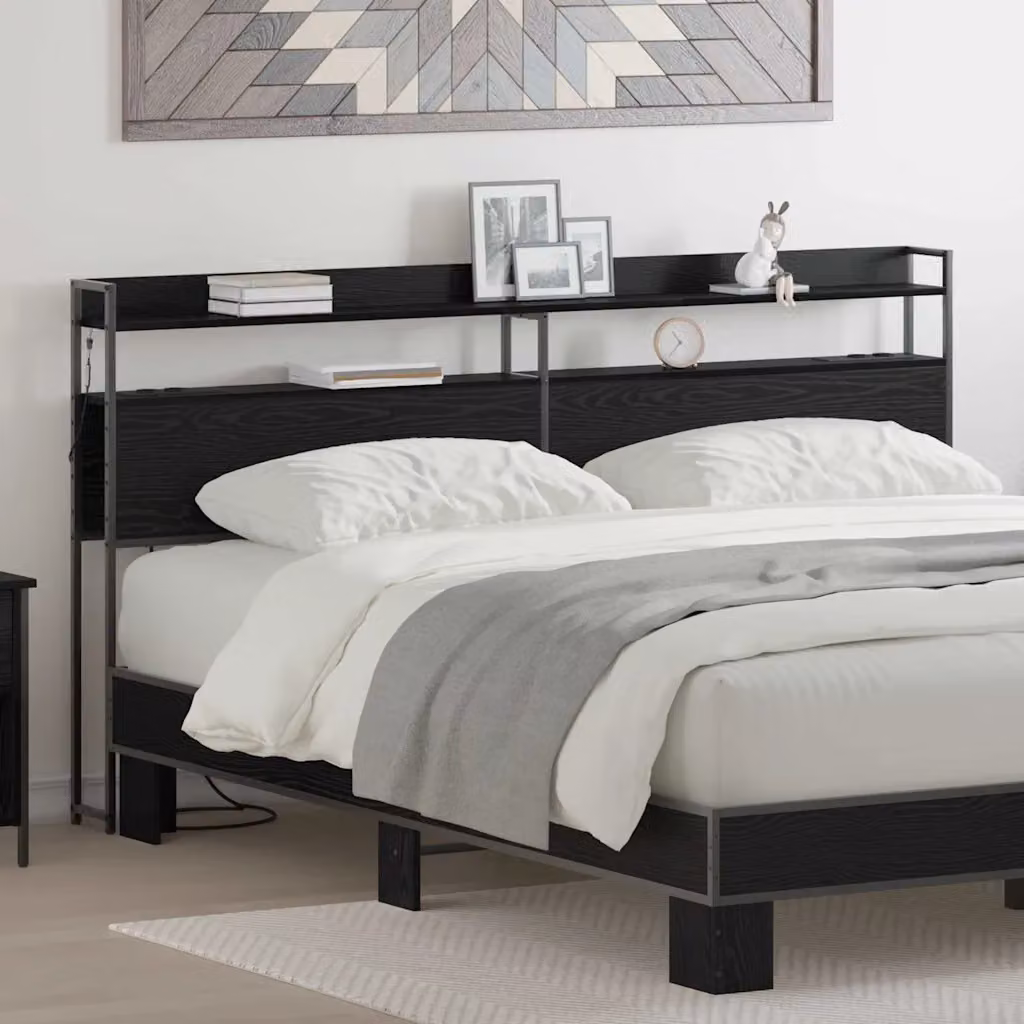 Testata del letto con contenitore vidaXL in legno ingegnerizzato e metallo, colore nero opaco, con illuminazione integrata, ripiano laterale e porta di ricarica USB, L: 200 cm, H: 98 cm, P: 15 cm