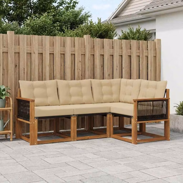 Set di divani da esterno vidaXL 4 pezzi a forma di L in legno di acacia e textilene, colore beige e marrone con cuscini inclusi