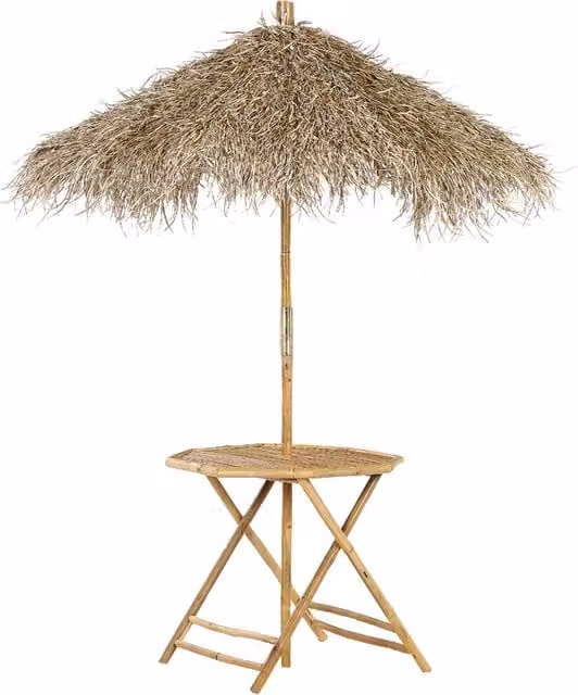 Set da giardino Beliani con tavolo bistrot pieghevole in legno di bambù e ombrellone beige per terrazza e balcone