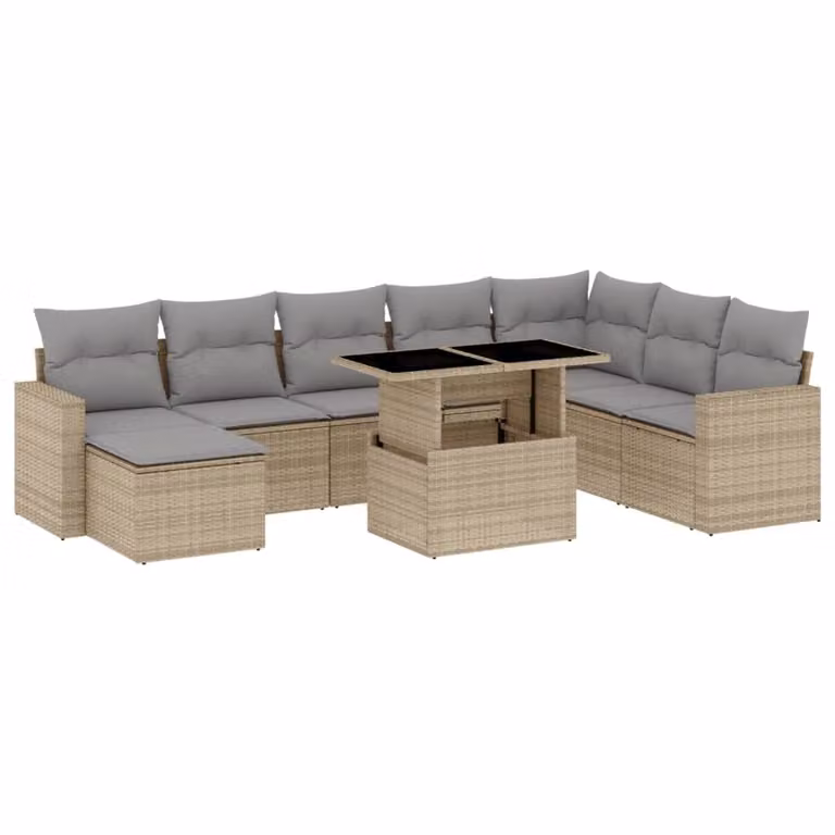 Set Divano da Giardino 9 pz con Cuscini Beige in Polyrattan