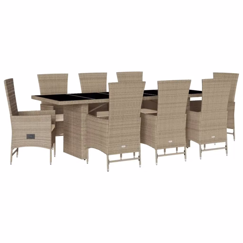 Set da Pranzo da Giardino vidaXL in Polyrattan con Cuscini Beige e Tavolo in Vetro, 9 Pezzi – 2