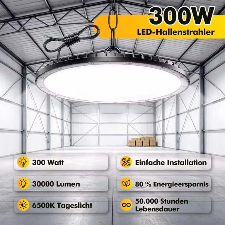 Faretto LED UFO - 300 W - 1 unità - Grado di protezione IP65 (resistente all'acqua) - Alimentazione a corrente alternata (AC) - Illuminazione industriale - Ideale per officine e garage
