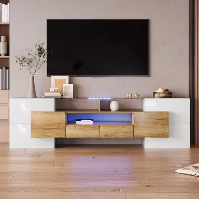 Mobile TV moderno WISHDOR con illuminazione LED integrata, finitura bianco lucido e multicolore, L: 200 cm, P: 35 cm, H: 60 cm