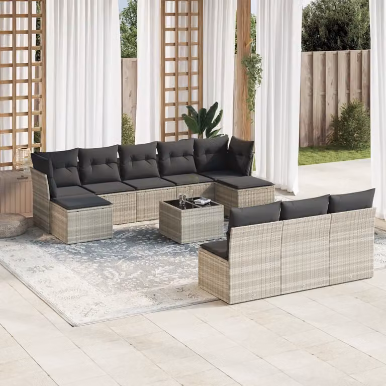 vidaXL Set Divani da Giardino 11 pz in Polyrattan Grigio con Cuscini e Tavolino