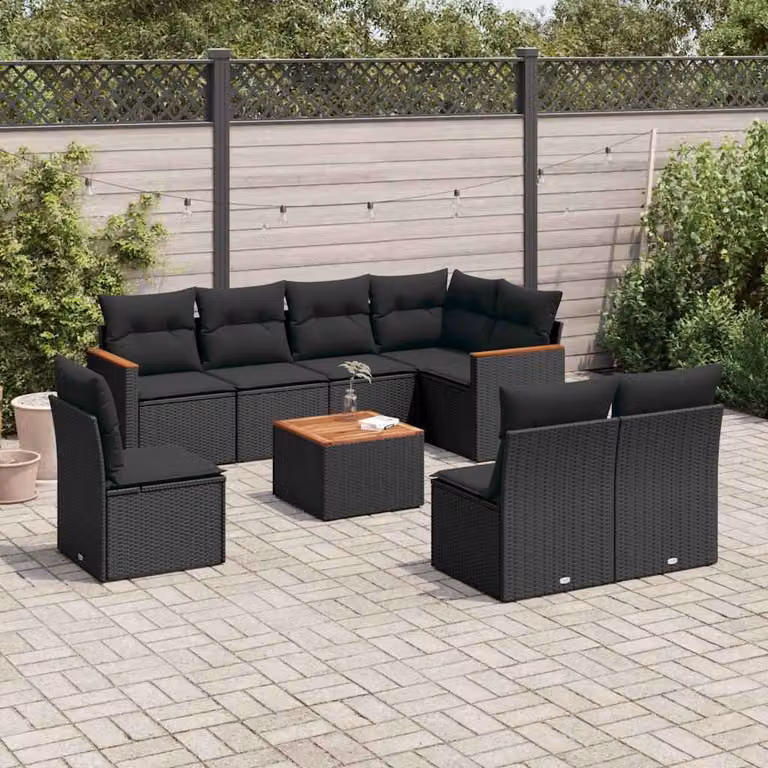 vidaXL Set Divani da Giardino a L 9 pz con Cuscini Nero in Polyrattan e Acciaio