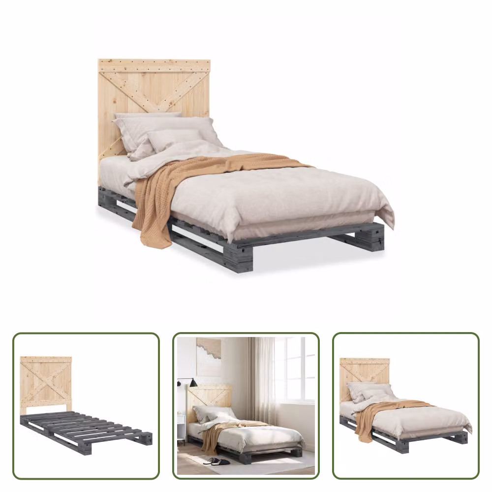 The Living Store Letto in legno massiccio con testiera grigio 90x200 cm pino