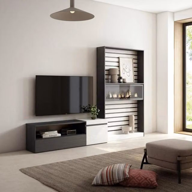 Mobile TV da soggiorno Skraut Home con camino elettrico per TV fino a 65 pollici, Bianco e Nero, L: 260 cm, P: 35 cm, H: 186 cm