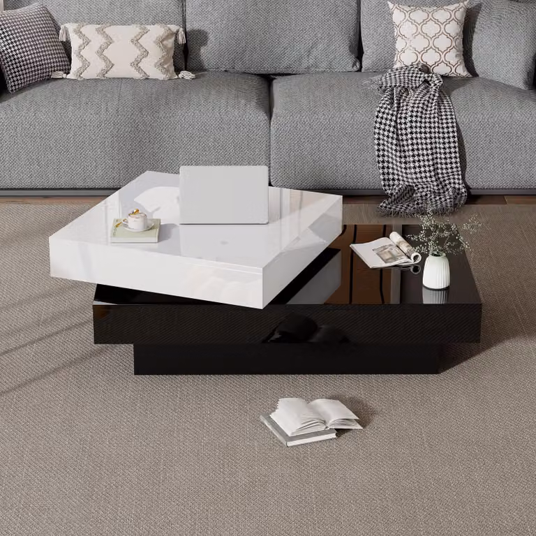 okwish Tavolino, tavolino, tavolino girevole con finitura lucida, tavolino in truciolato a doppio strato, adatto al soggiorno, nero + bianco