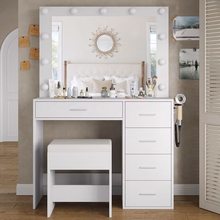 Comò da trucco illuminato, 94 cm, con 11 luci LED, 3 modalità, 5 cassetti e poggiapiedi, colore bianco