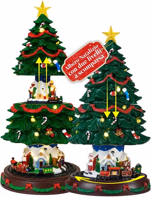 Albero di Natale Luminoso SpinPine 45,5 cm con Villaggio e Trenino Rotante, Luci LED Bianco Caldo, Musica Natalizia, Alimentazione USB o a Batterie