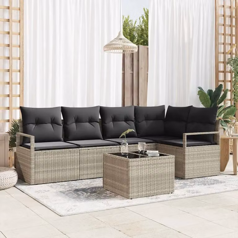 Set di divani da giardino vidaXL in polyrattan grigio con cuscini e tavolino da esterno, design moderno a forma di L per 6 persone