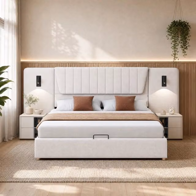 Letto matrimoniale imbottito 180x200 cm beige con contenitore