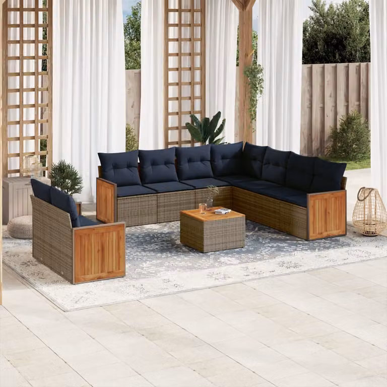 Set da giardino vidaXL in polyrattan composto da 10 pezzi con cuscini grigi e blu, design moderno a forma di L con tavolo da caffè e sedute imbottite resistenti ai raggi UV