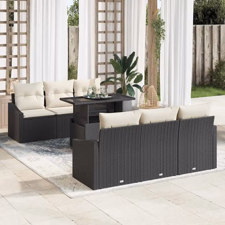 Set Divano da Giardino vidaXL 7 Pezzi in Polyrattan Nero e Beige con Cuscini e Tavolino da Esterno
