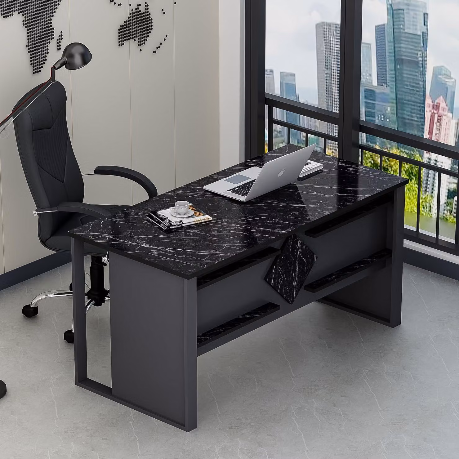 HOMIDEA BOSS: Scrivania moderna per casa o ufficio, dimensioni 150 x 72 x 75,6 cm, finitura effetto marmo antracite/nero