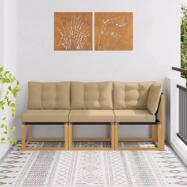 Set di divano modulare da esterno angolare vidaXL in legno di acacia con cuscini bianchi e beige