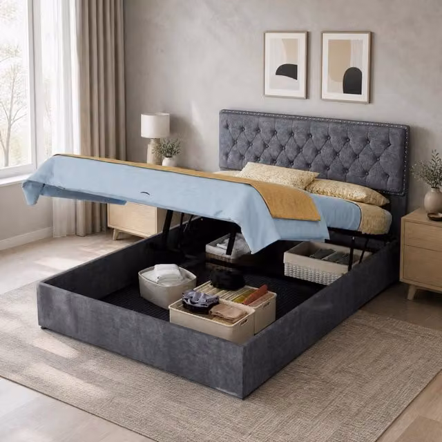 Letto imbottito 140x200 cm in velluto olandese grigio con testiera alta e vano contenitore