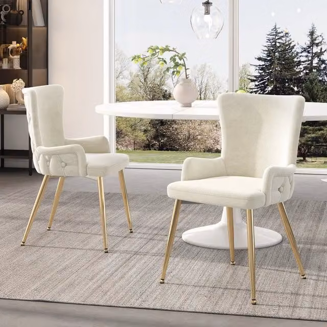 Sedia da Pranzo in Velluto, Set 2 Pezzi ¨C MINIMAL ¨C Beige, Gambe in Metallo Dorato