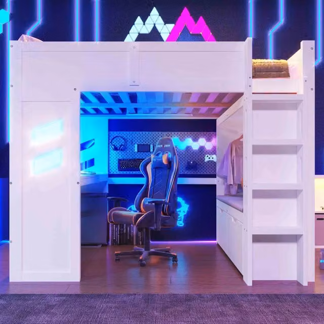 Letto a castello bianco con scrivania funzione gaming in pino 140x200 cm