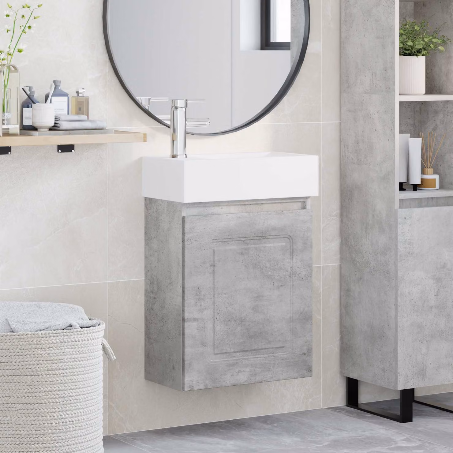 Mobile bagno moderno vidaXL con rubinetto, Grigio Cemento e Bianco, L 45,5 cm x P 22,5 cm x H 84 cm
