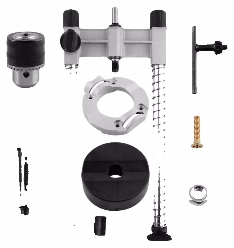 Supporto per trapano, realizzato in lega di alluminio e acciaio, con altezza massima di sollevamento di 150 mm, angolo regolabile da 45° a 90°, adatto per mandrini esagonali da 8 mm, con capacità di serraggio da 1,5 a 13 mm