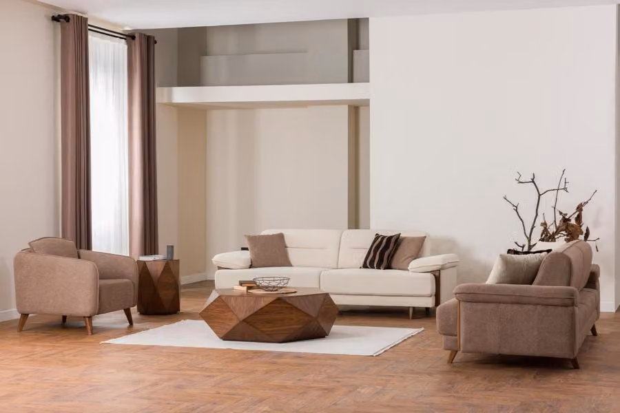 Sofagarnitur 3+3+1 Sitzer Beige Braun Stoffbezug Holzfüße Skandi Modern Stil