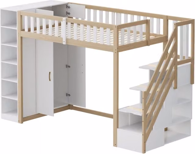 Letto a soppalco multifunzione 90x200 cm con armadio ampio, ripiani e scala di sicurezza bianco e legno naturale