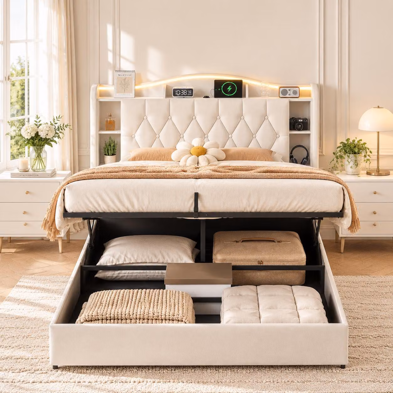Letto imbottito INONEFT, 140x190 cm, con illuminazione LED, porte USB di tipo C e tradizionali, letto con sistema di sollevamento idraulico e 7 vani portaoggetti integrati nella testiera, rivestito in velluto, colore beige