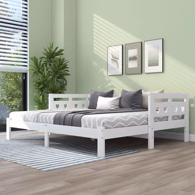 Letto da giorno estraibile 90x200 cm, pino massello, con 2 posto letto e rete a doghe a forma di cuore, bianco