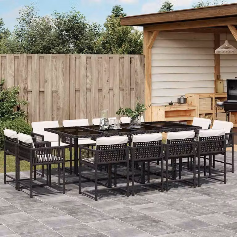 Set da pranzo da giardino vidaXL in polyrattan nero con 13 pezzi e cuscini e tavolo rettangolare in vetro