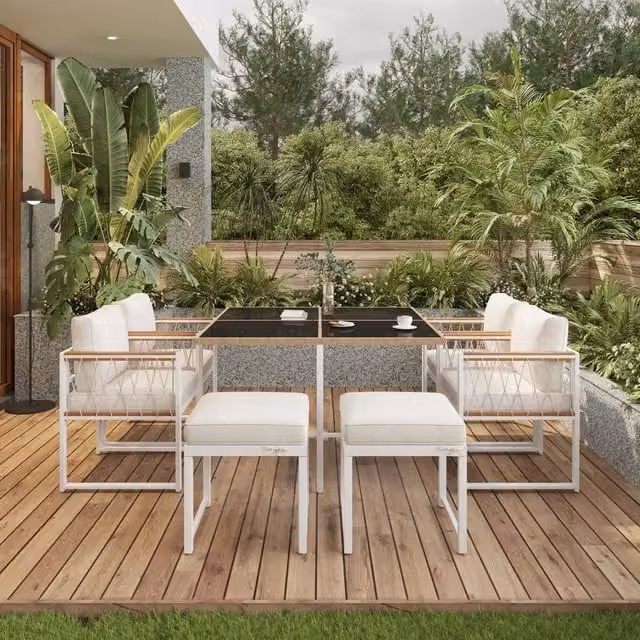 Set da pranzo da giardino 6 posti con tavolo in vetro temperato e cuscini sfoderabili rattan metallo bianco naturale